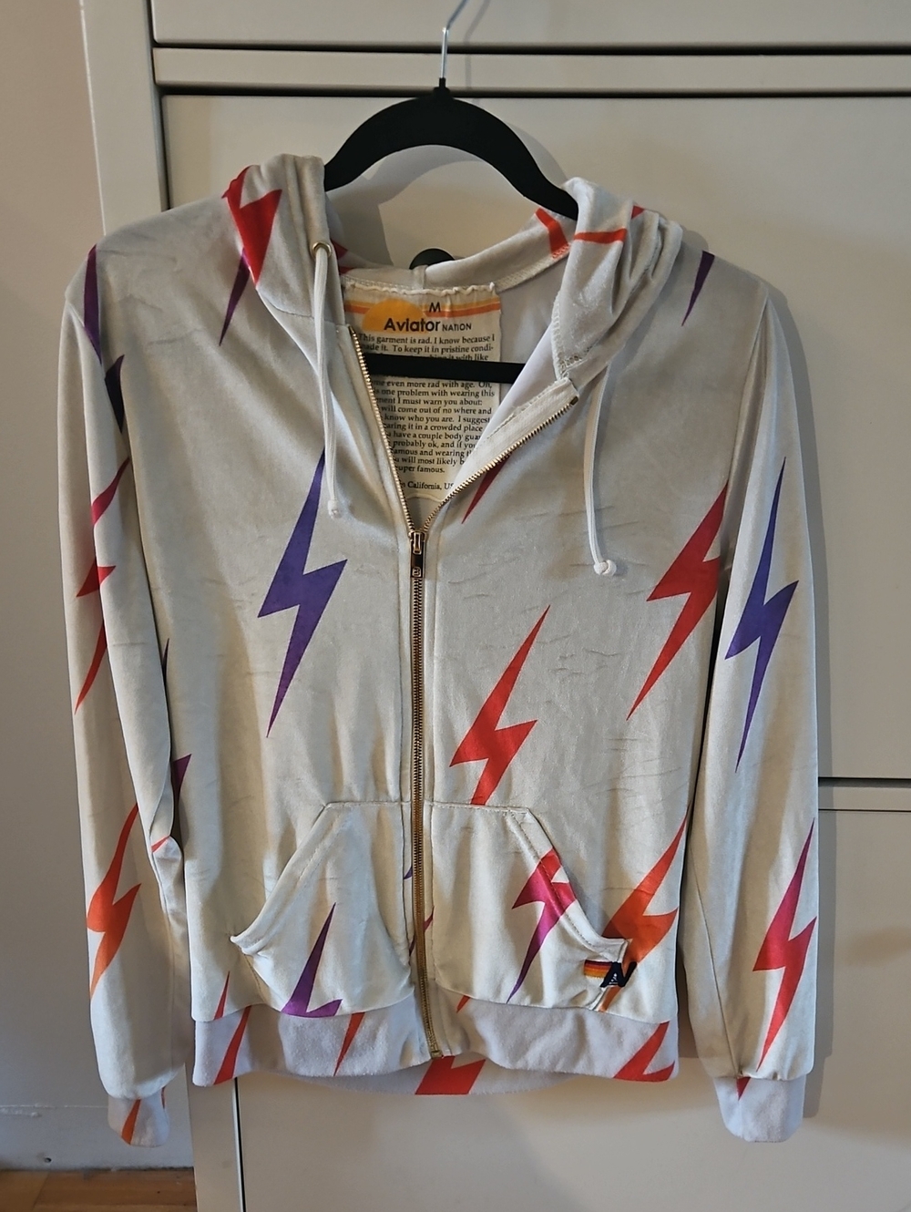 Aviator Nation Velvet Bolt Repeat Cream Hoodie with Lightning Bolts Size M